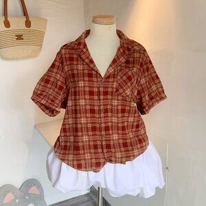 🍂 Rust Plaid Button Up Shirt Oversized Top